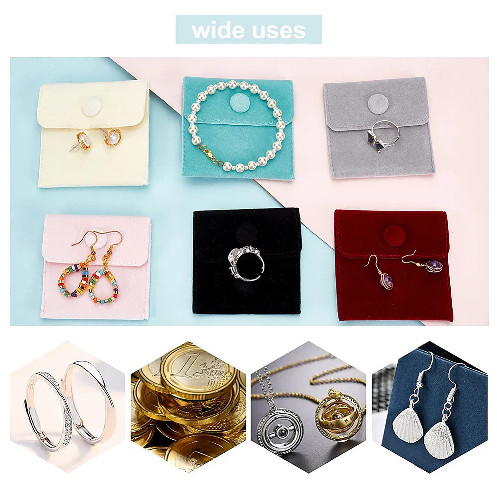 1 Bag 6 Colors Velvet Jewelry Bags, 12pcs Square Gift Bags Small Snap Purse Pouch Bag with Snap Button for Traveling Ring Bracelet Necklace Storage Jewelry Business Selling 2.7inch