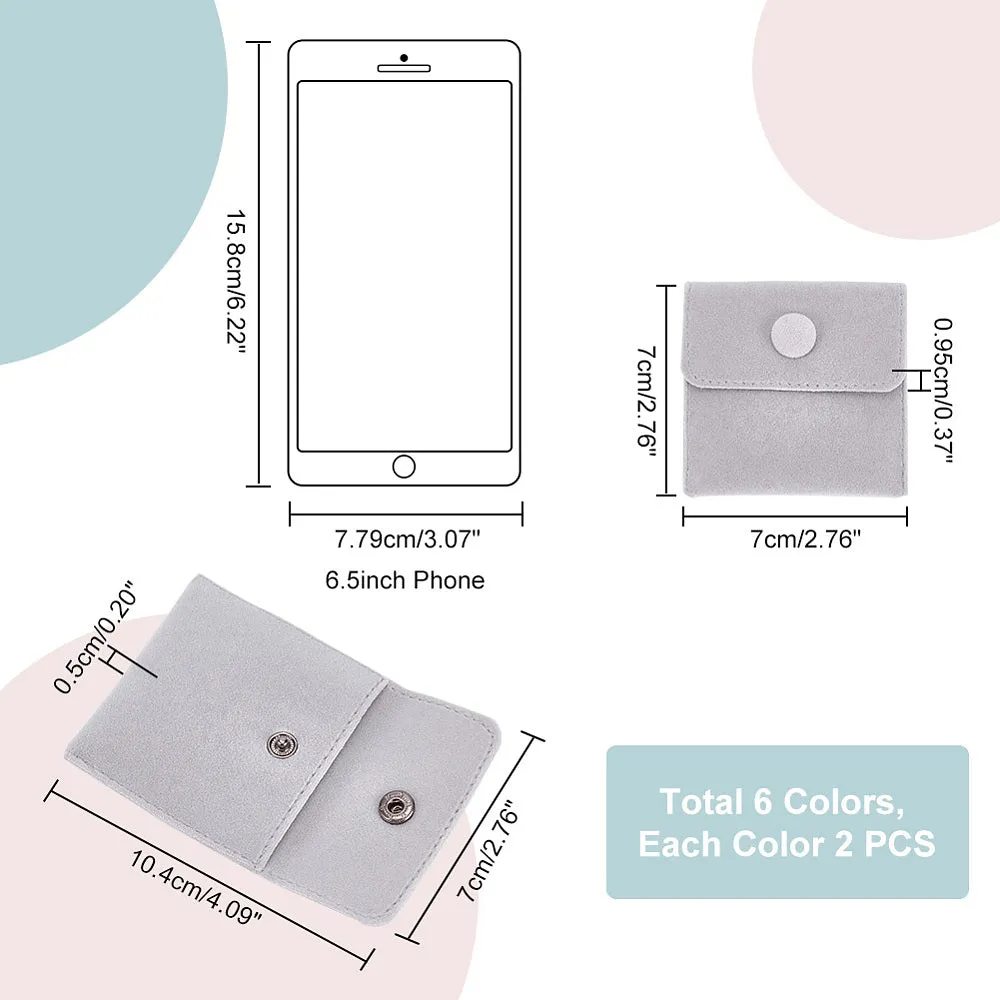 1 Bag 6 Colors Velvet Jewelry Bags, 12pcs Square Gift Bags Small Snap Purse Pouch Bag with Snap Button for Traveling Ring Bracelet Necklace Storage Jewelry Business Selling 2.7inch