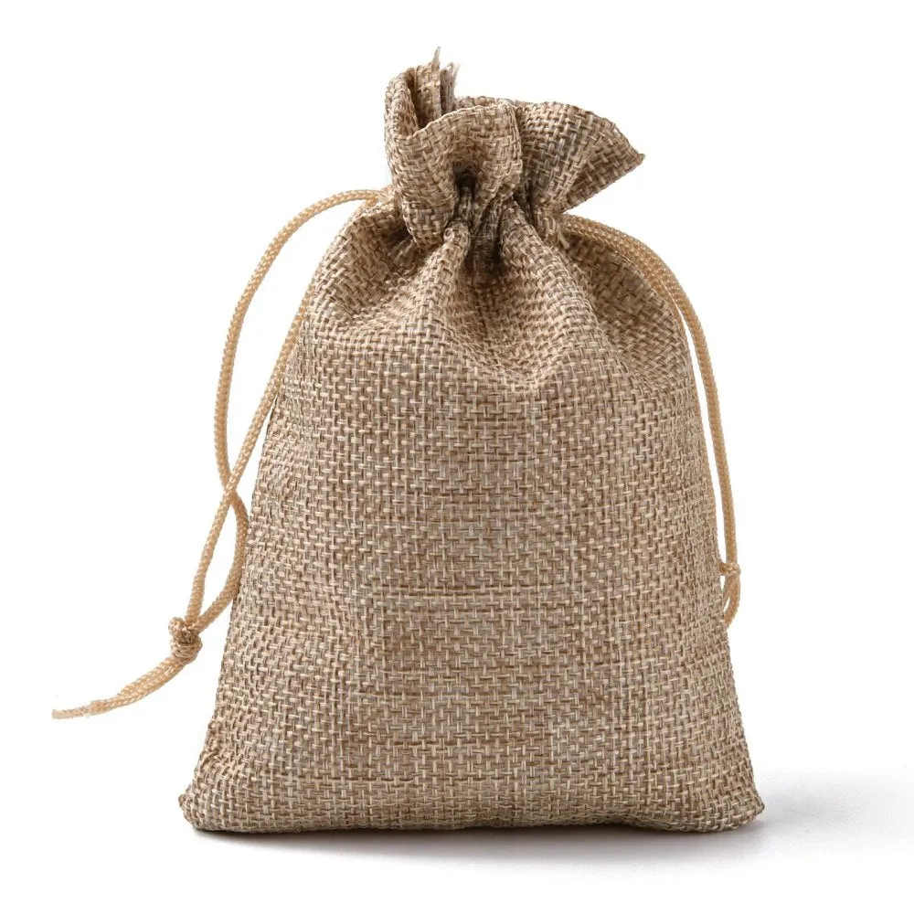 10 pc Polyester Imitation Burlap Packing Pouches Drawstring Bags, Tan, 13.5x9.5cm