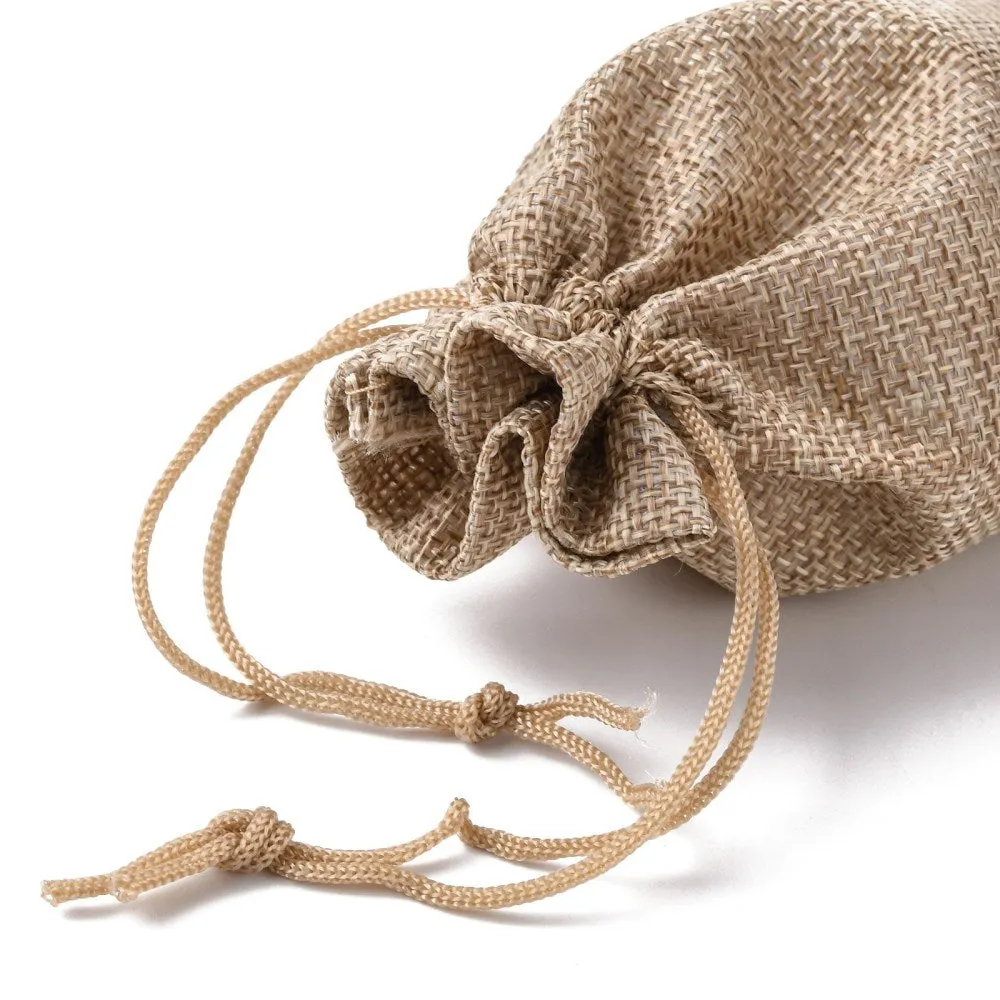 10 pc Polyester Imitation Burlap Packing Pouches Drawstring Bags, Tan, 13.5x9.5cm