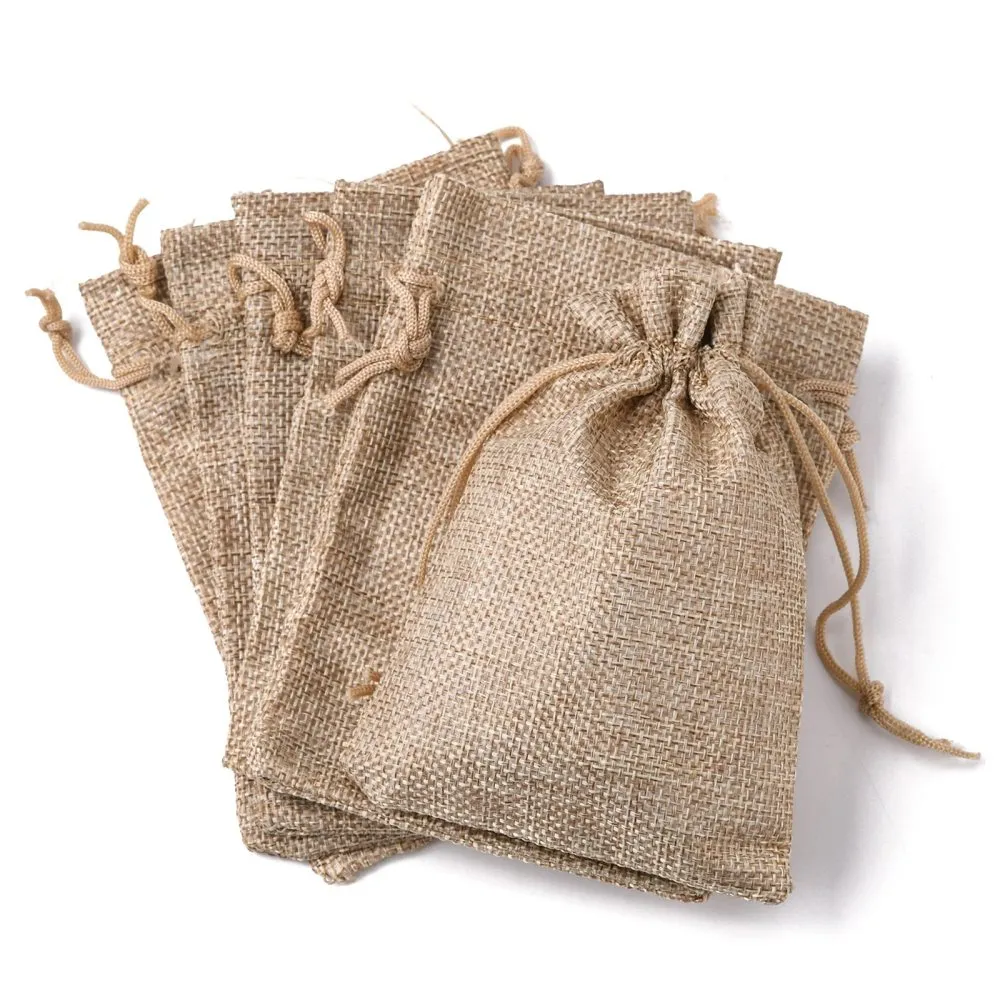 10 pc Polyester Imitation Burlap Packing Pouches Drawstring Bags, Tan, 13.5x9.5cm