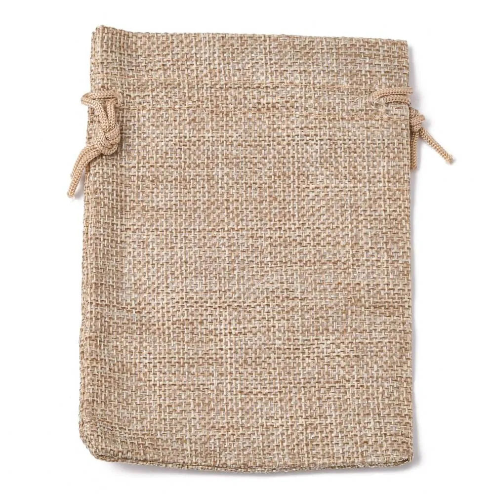 10 pc Polyester Imitation Burlap Packing Pouches Drawstring Bags, Tan, 13.5x9.5cm
