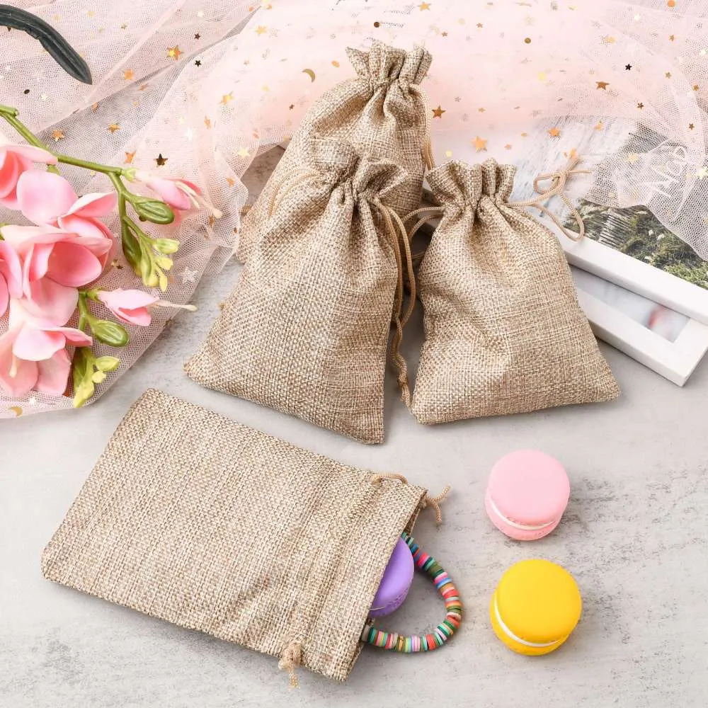 10 pc Polyester Imitation Burlap Packing Pouches Drawstring Bags, Tan, 13.5x9.5cm