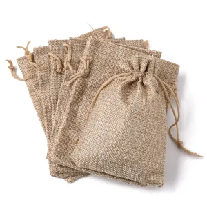 10 pc Polyester Imitation Burlap Packing Pouches Drawstring Bags, Tan, 13.5x9.5cm