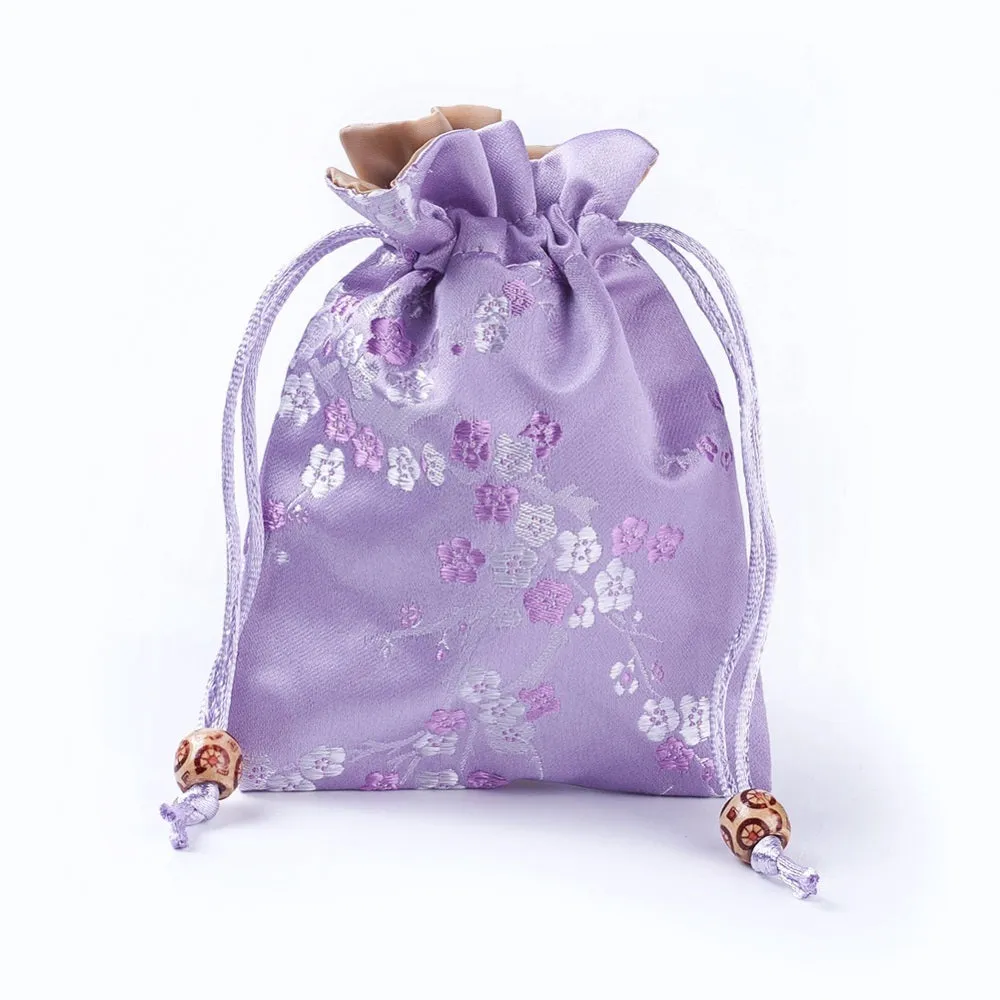 10 pc Silk Packing Pouches, Drawstring Bags, with Wood Beads, Lilac, 14.7~15x10.9~11.9cm