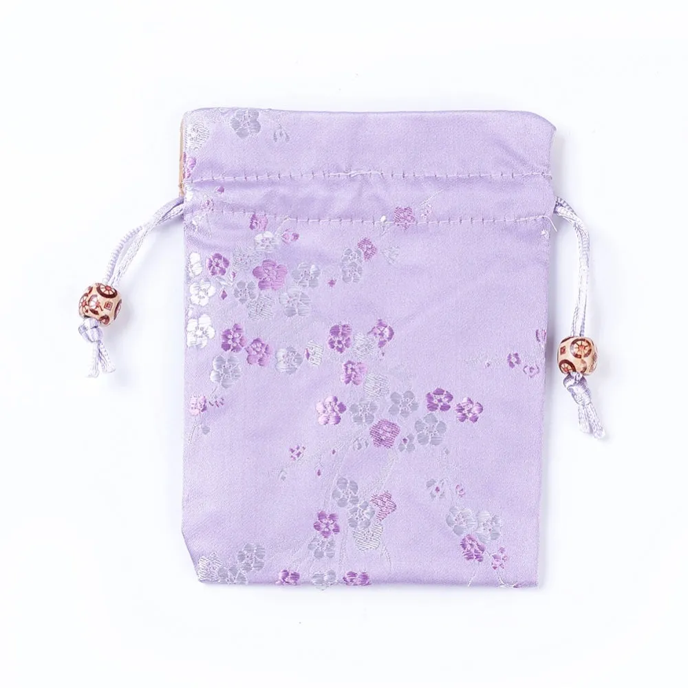 10 pc Silk Packing Pouches, Drawstring Bags, with Wood Beads, Lilac, 14.7~15x10.9~11.9cm