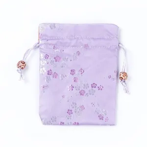10 pc Silk Packing Pouches, Drawstring Bags, with Wood Beads, Lilac, 14.7~15x10.9~11.9cm