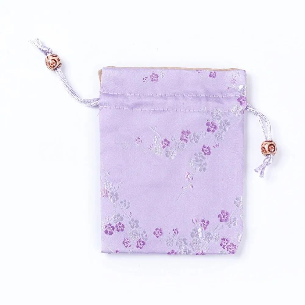 10 pc Silk Packing Pouches, Drawstring Bags, with Wood Beads, Lilac, 14.7~15x10.9~11.9cm