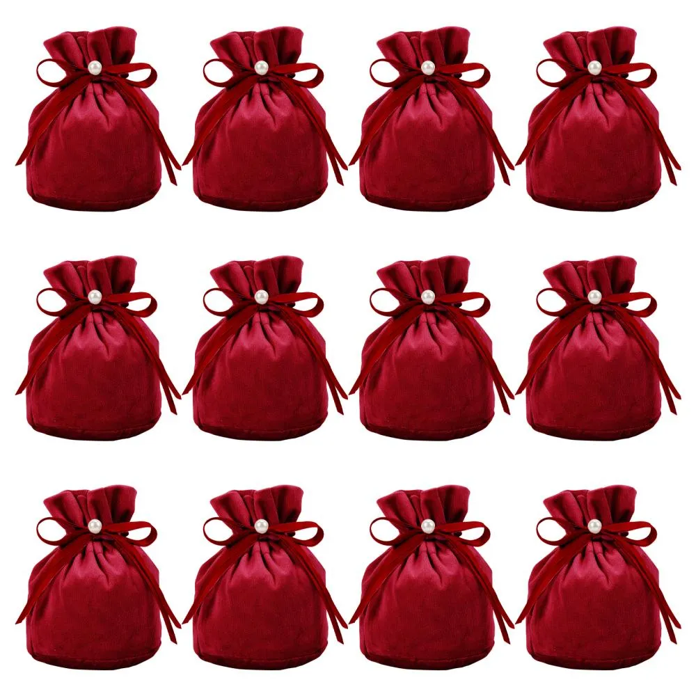 12 pc Velvet Jewelry Bags with Drawstring & Plastic Imitation Pearl, Velvet Cloth Gift Pouches, Dark Red, 13.2x14x0.4cm