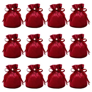 12 pc Velvet Jewelry Bags with Drawstring & Plastic Imitation Pearl, Velvet Cloth Gift Pouches, Dark Red, 13.2x14x0.4cm