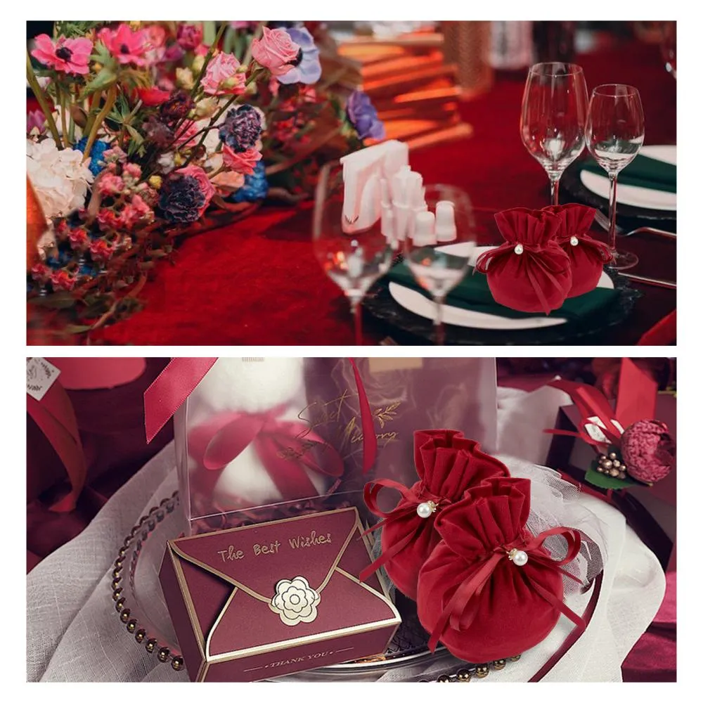 12 pc Velvet Jewelry Bags with Drawstring & Plastic Imitation Pearl, Velvet Cloth Gift Pouches, Dark Red, 13.2x14x0.4cm