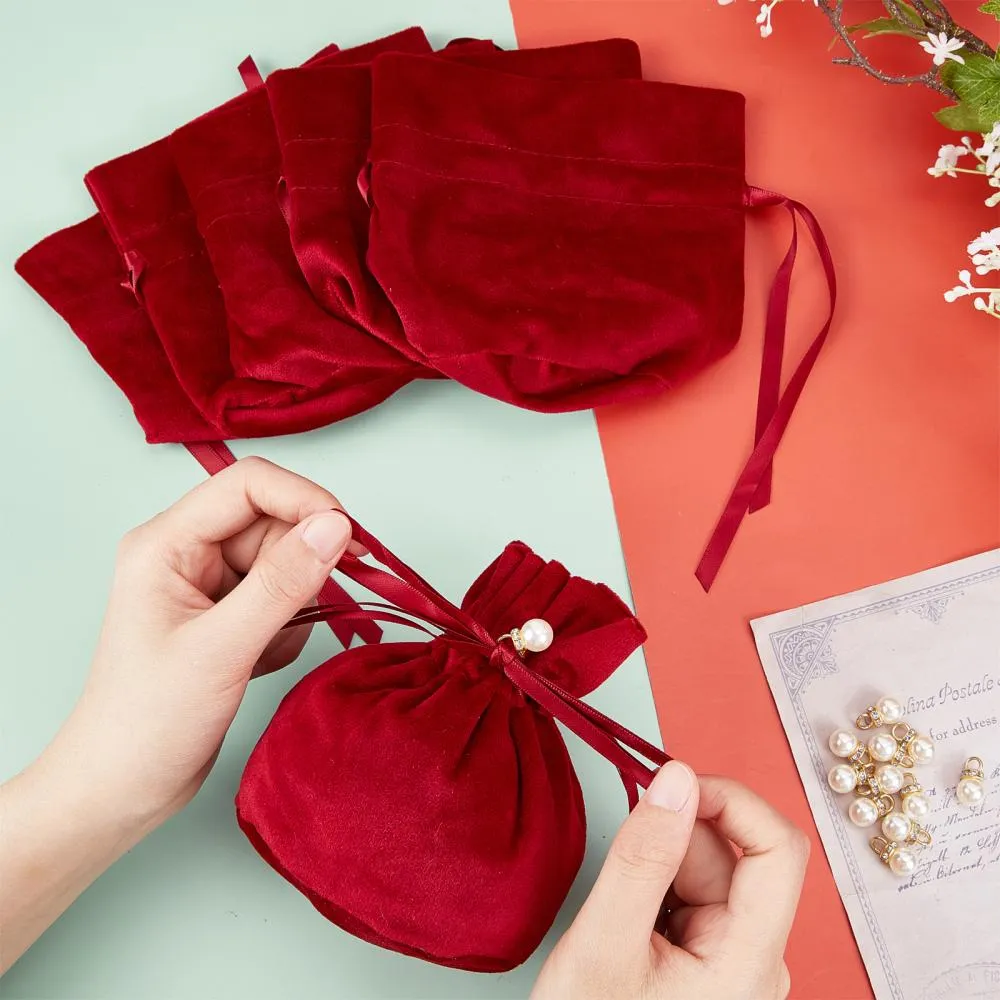 12 pc Velvet Jewelry Bags with Drawstring & Plastic Imitation Pearl, Velvet Cloth Gift Pouches, Dark Red, 13.2x14x0.4cm