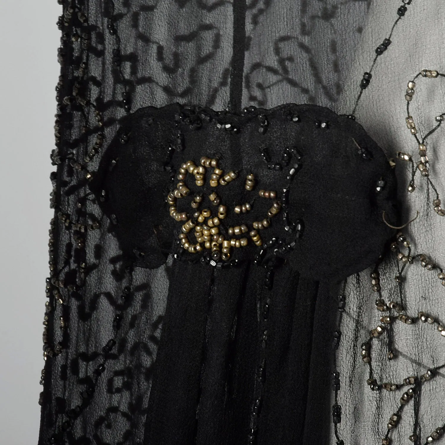 1920s Beaded Sheer Black Dress with Hip Sashes