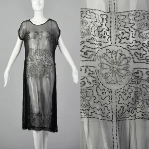 1920s Beaded Sheer Black Dress with Hip Sashes
