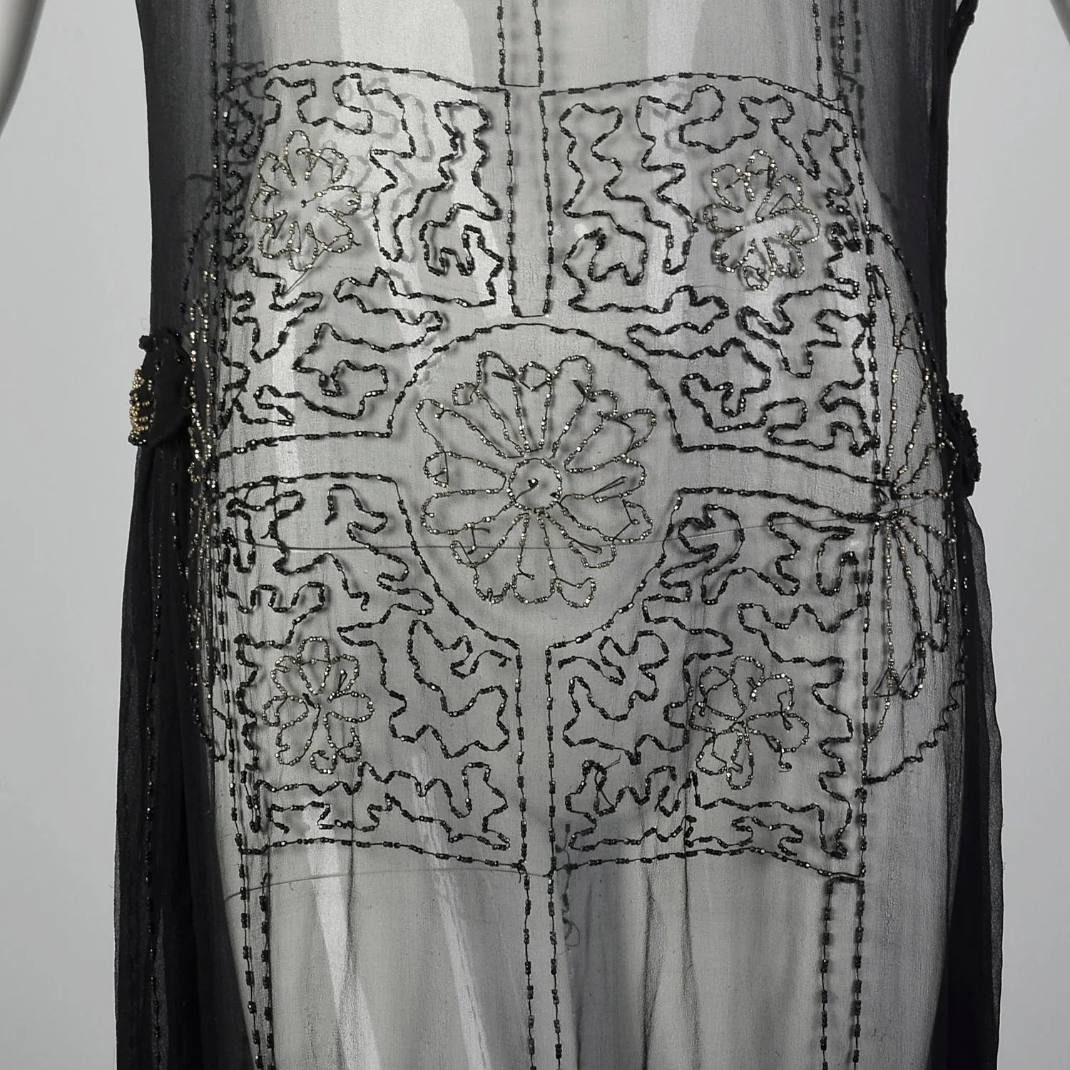 1920s Beaded Sheer Black Dress with Hip Sashes