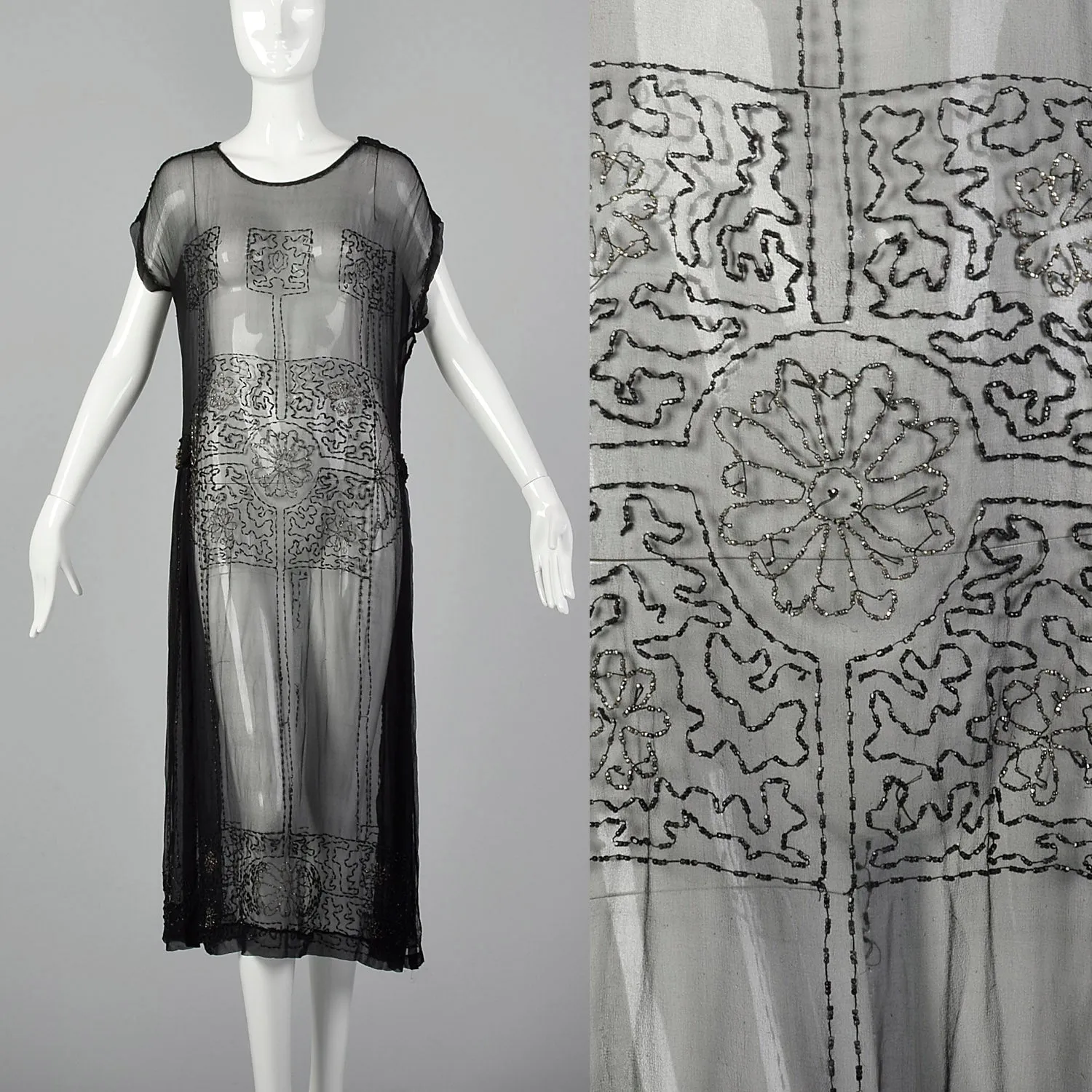 1920s Beaded Sheer Black Dress with Hip Sashes