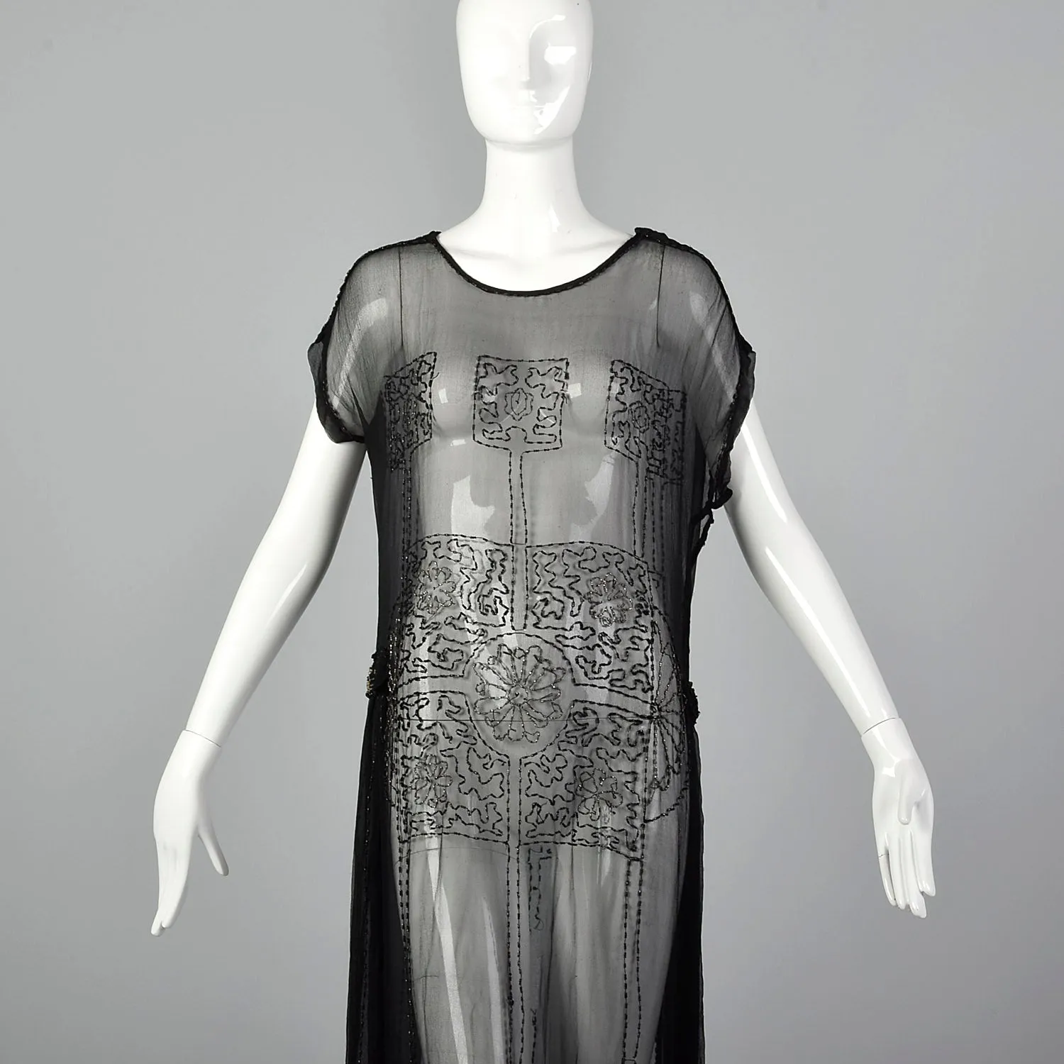 1920s Beaded Sheer Black Dress with Hip Sashes