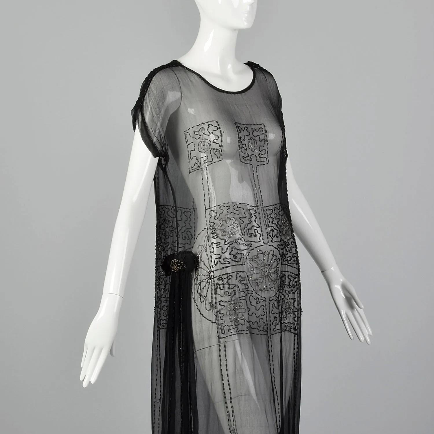1920s Beaded Sheer Black Dress with Hip Sashes