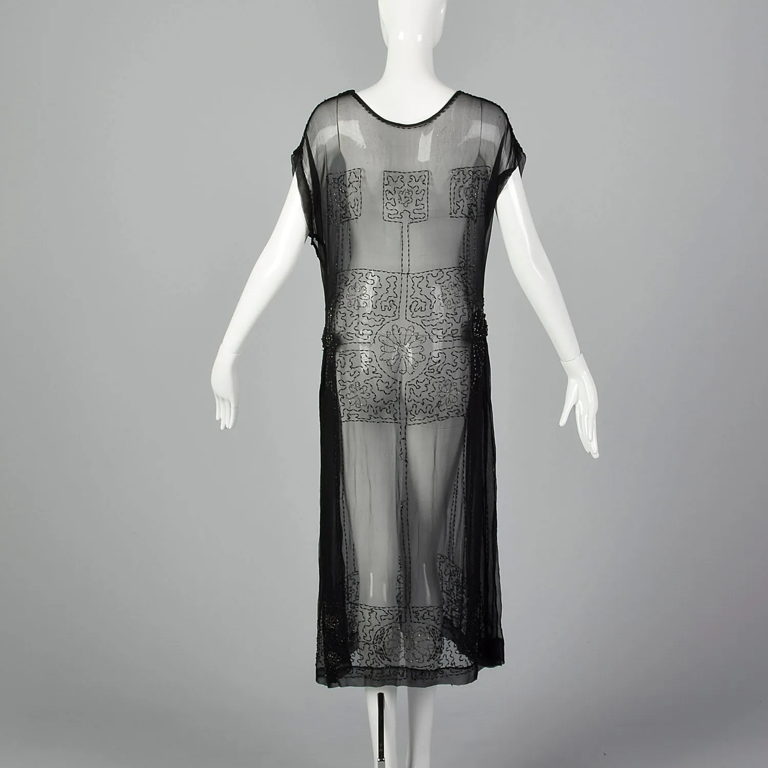 1920s Beaded Sheer Black Dress with Hip Sashes