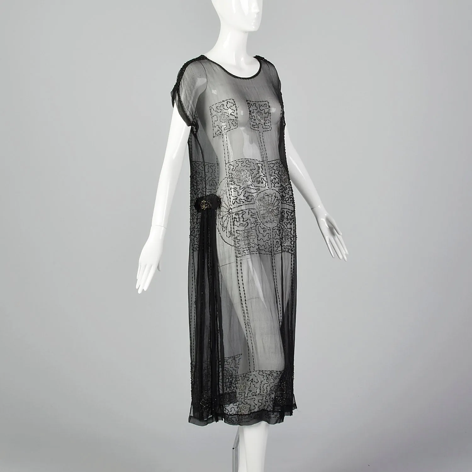 1920s Beaded Sheer Black Dress with Hip Sashes