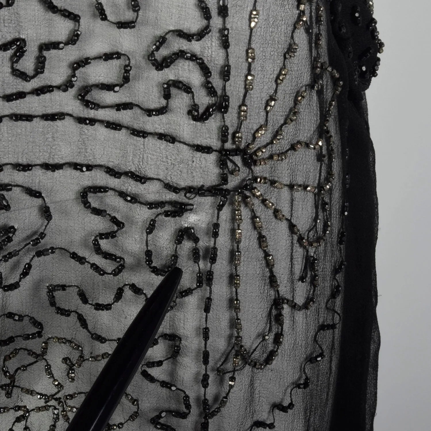 1920s Beaded Sheer Black Dress with Hip Sashes