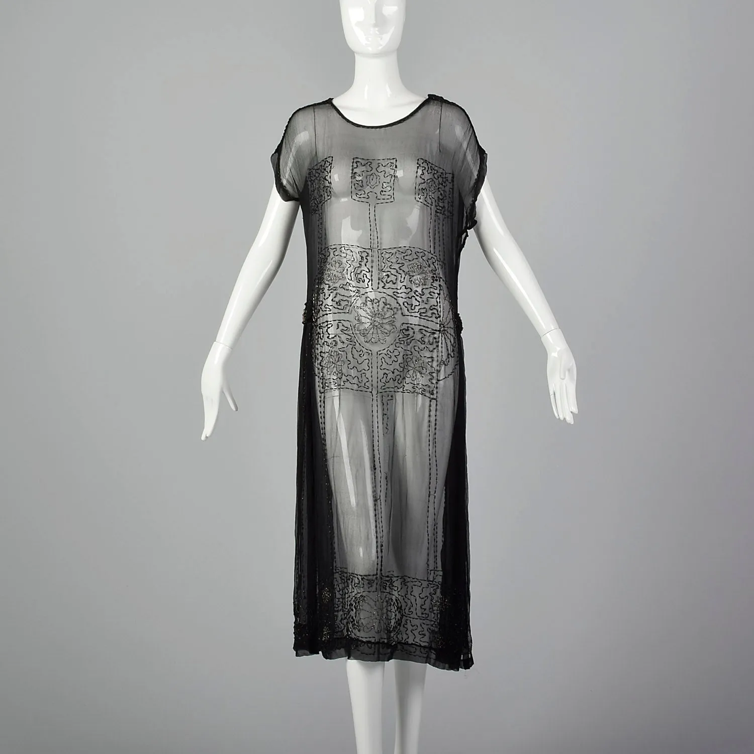 1920s Beaded Sheer Black Dress with Hip Sashes