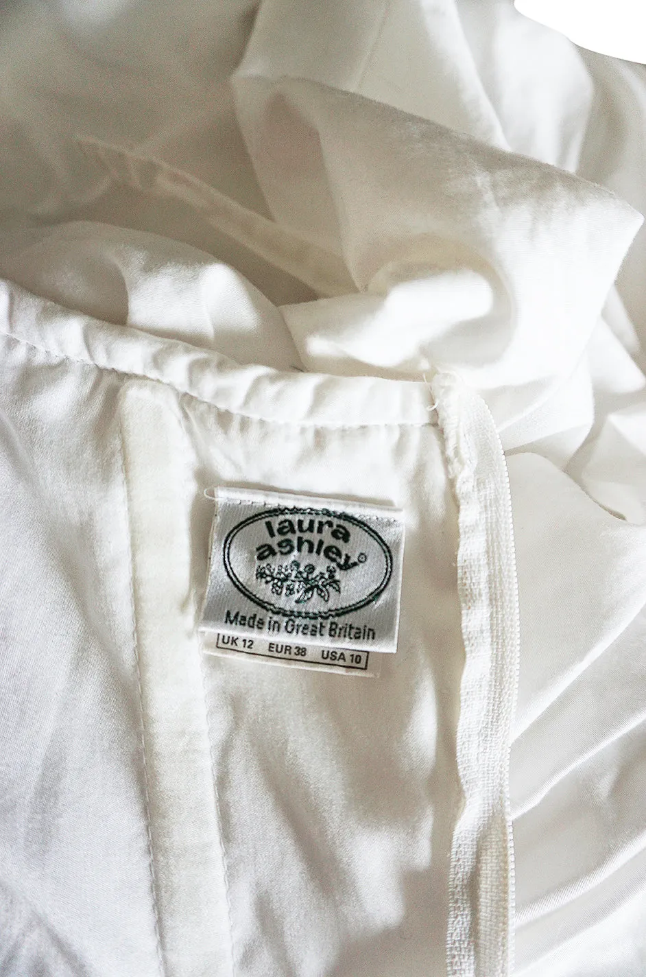 1985 Laura Ashley Crisp White Cotton Strapless Bow Dress