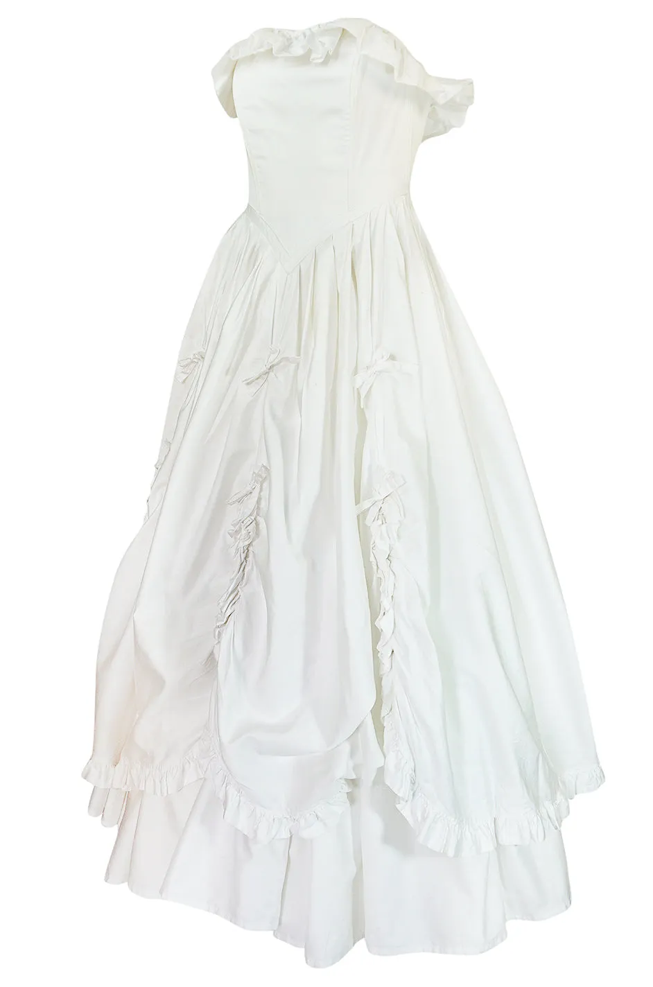 1985 Laura Ashley Crisp White Cotton Strapless Bow Dress