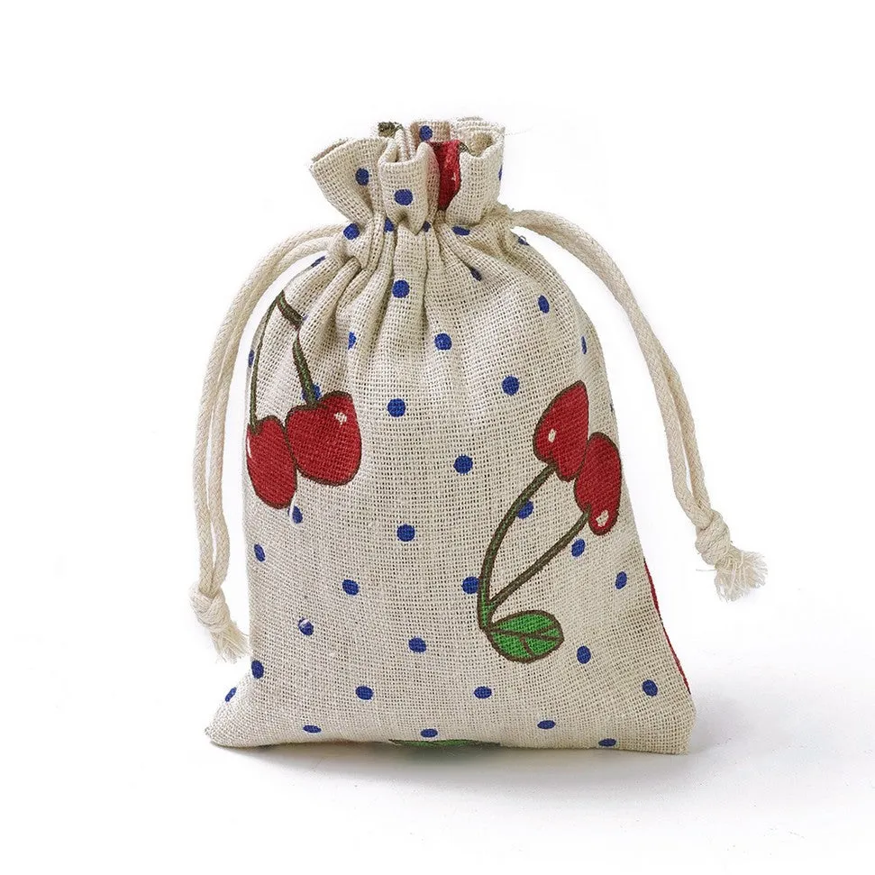 20 pc Burlap Packing Pouches, Drawstring Bags, Rectangle with Cherry Pattern, Colorful, 14~14.4x10~10.2cm