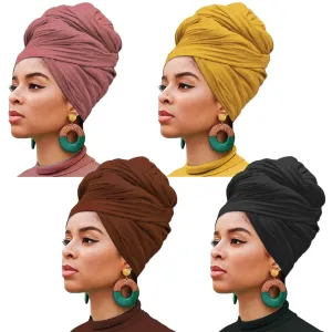 4 Pieces Stretch Jersey Turbans Head Wrap Solid African Long Shawl Breathable Scarf Soft Hijab Fashion Headband for Women (Black, Turmeric, Dark Pink, Coffee)