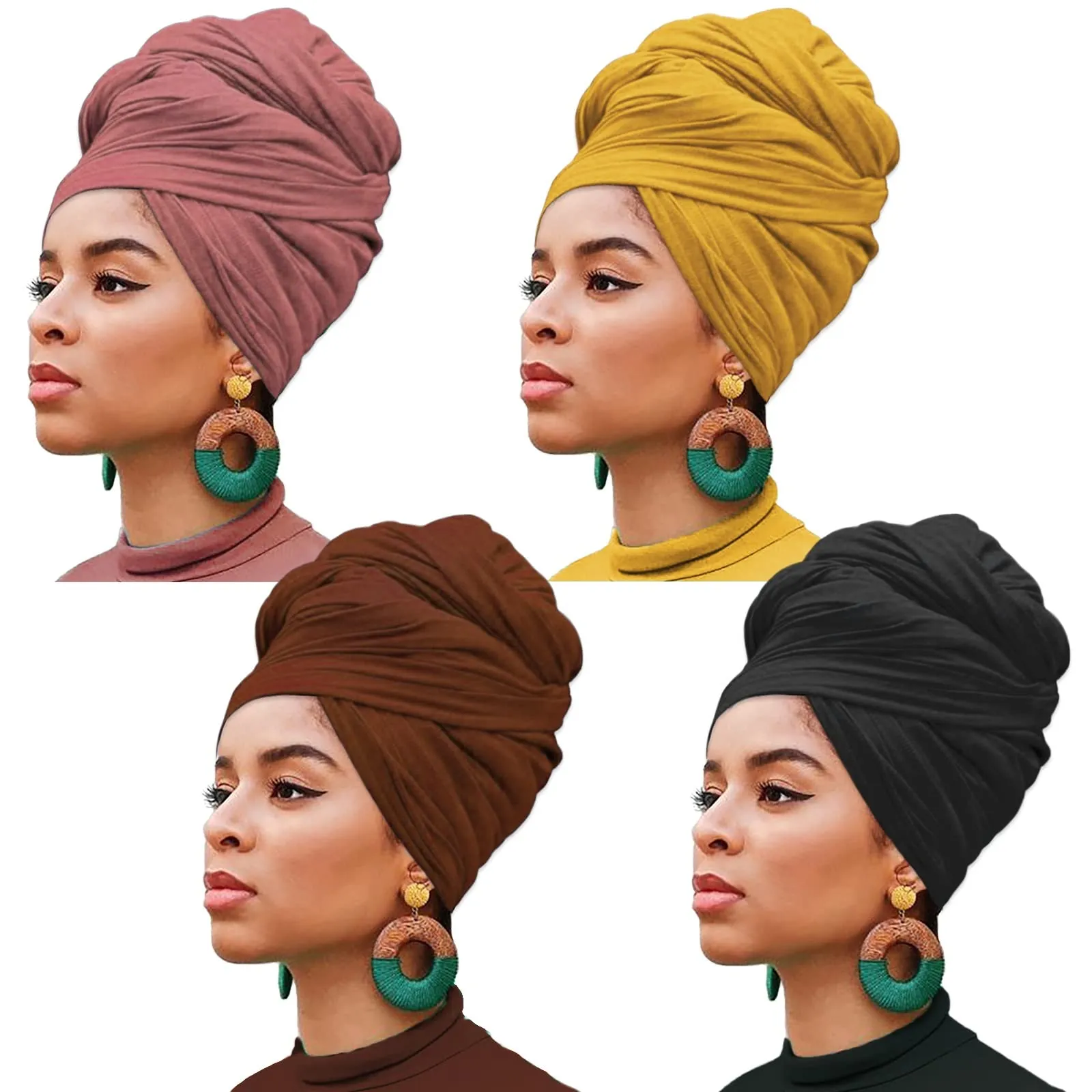 4 Pieces Stretch Jersey Turbans Head Wrap Solid African Long Shawl Breathable Scarf Soft Hijab Fashion Headband for Women (Black, Turmeric, Dark Pink, Coffee)