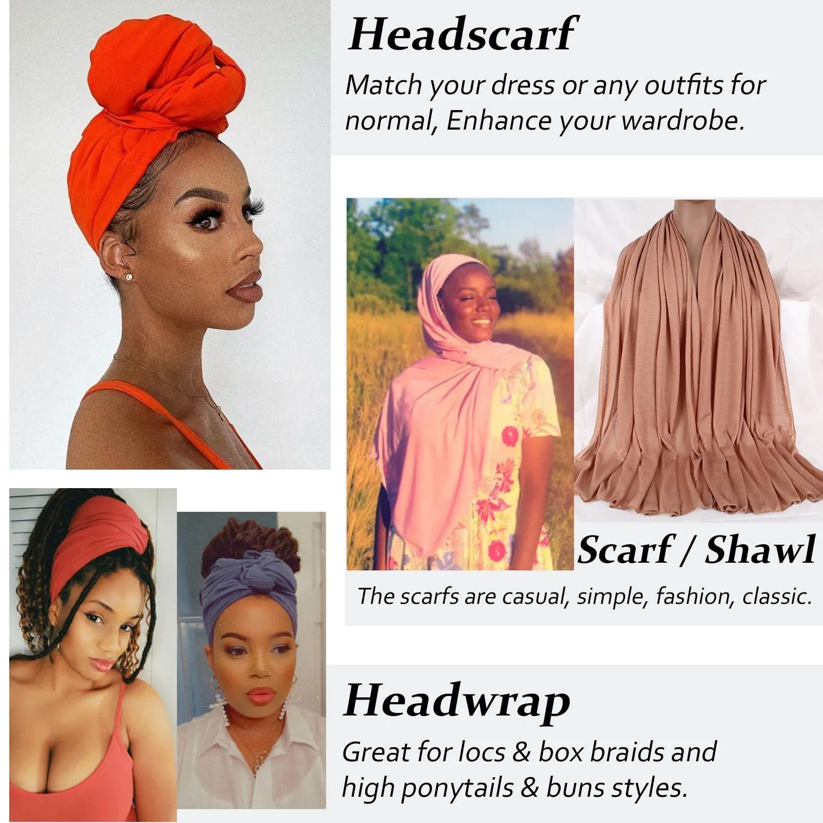 4 Pieces Stretch Jersey Turbans Head Wrap Solid Multiple Color Combinations African Long Shawl Breathable Scarf Soft Fashion Headband for Women (Black, Dark Blue, Dark Grey, Wine Red)