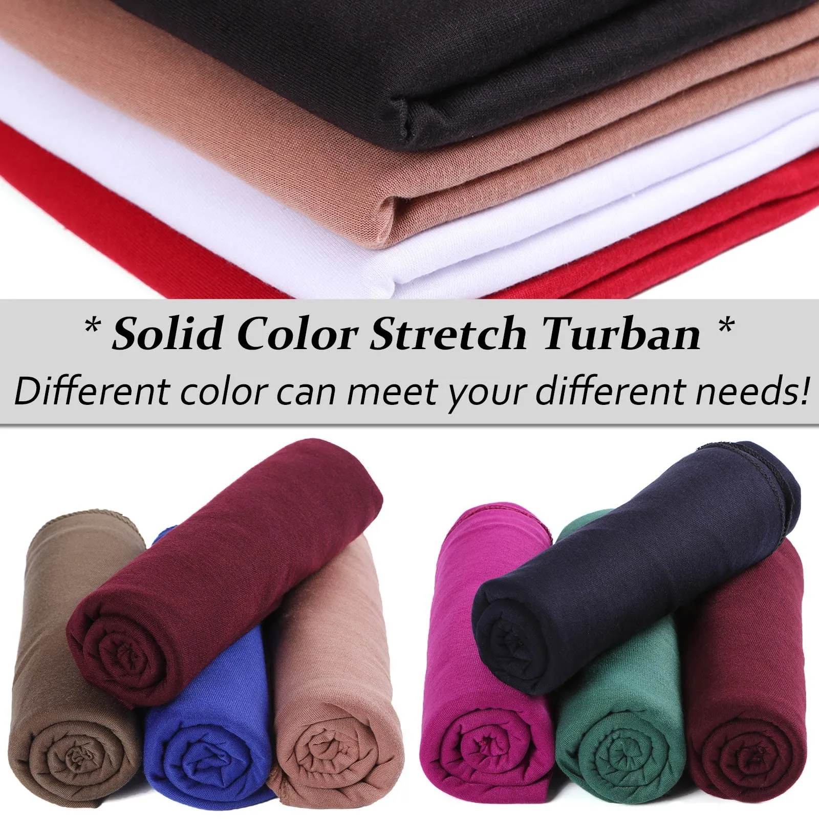 4 Pieces Stretch Jersey Turbans Head Wrap Solid Multiple Color Combinations African Long Shawl Breathable Scarf Soft Fashion Headband for Women (Black, Dark Blue, Dark Grey, Wine Red)