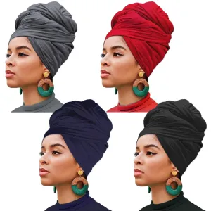 4 Pieces Stretch Jersey Turbans Head Wrap Solid Multiple Color Combinations African Long Shawl Breathable Scarf Soft Fashion Headband for Women (Black, Dark Blue, Dark Grey, Wine Red)