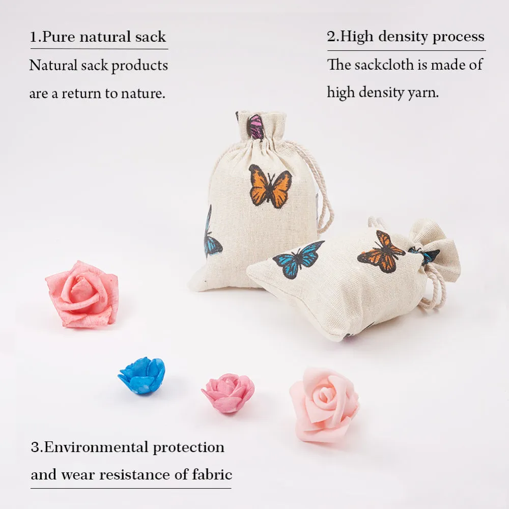 5 pc Polycotton(Polyester Cotton) Packing Pouches Drawstring Bags, with Printed Butterfly, Wheat, 14x10cm
