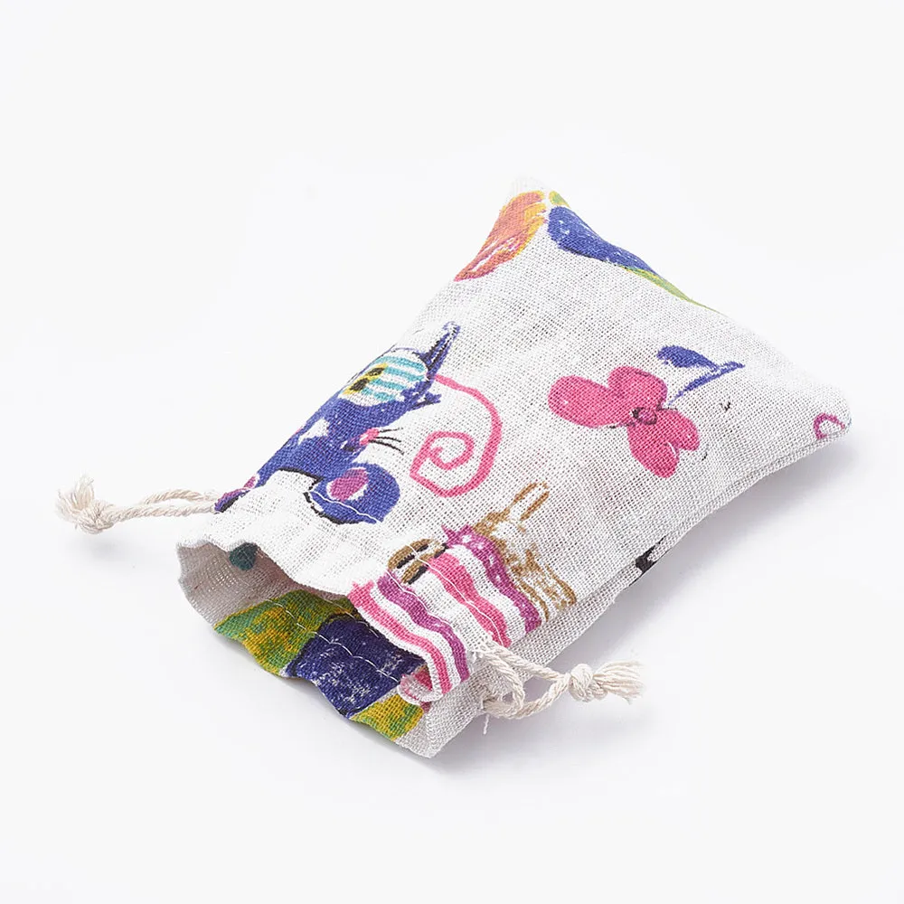 50 pc Kitten Polycotton(Polyester Cotton) Packing Pouches Drawstring Bags, with Printed Cartoon Cat and Mouse, Old Lace, 14x10cm