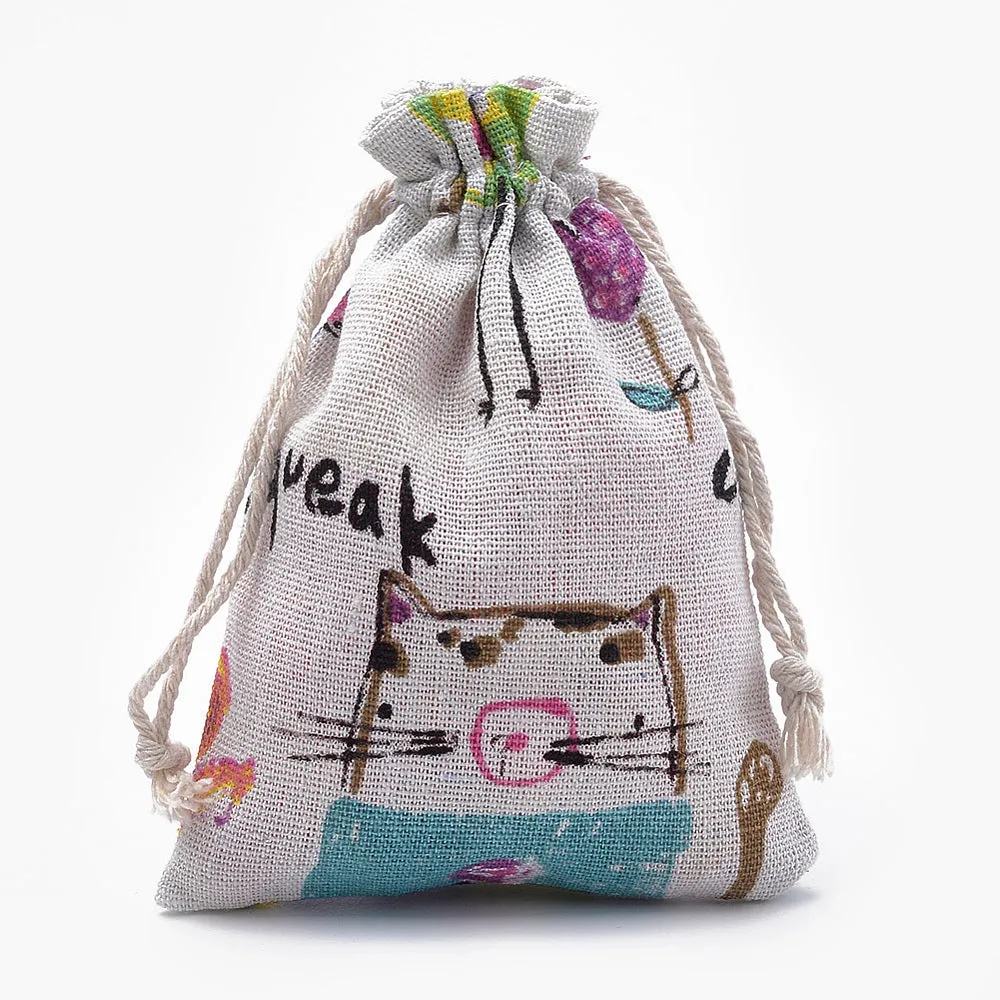 50 pc Kitten Polycotton(Polyester Cotton) Packing Pouches Drawstring Bags, with Printed Cartoon Cat and Mouse, Old Lace, 14x10cm