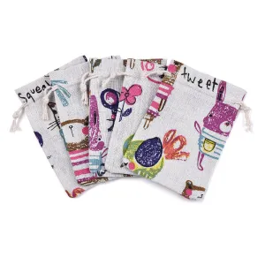 50 pc Kitten Polycotton(Polyester Cotton) Packing Pouches Drawstring Bags, with Printed Cartoon Cat and Mouse, Old Lace, 14x10cm