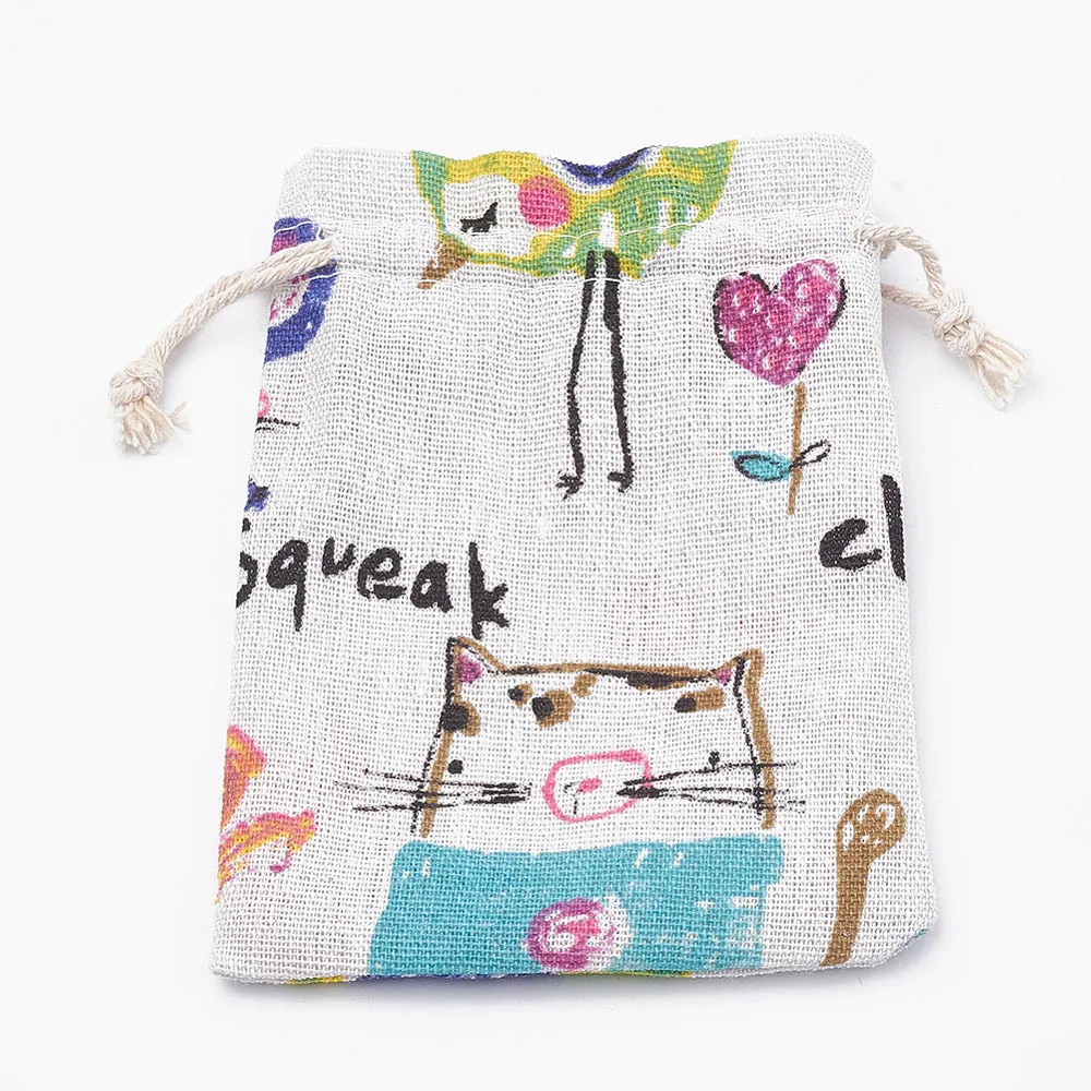 50 pc Kitten Polycotton(Polyester Cotton) Packing Pouches Drawstring Bags, with Printed Cartoon Cat and Mouse, Old Lace, 14x10cm
