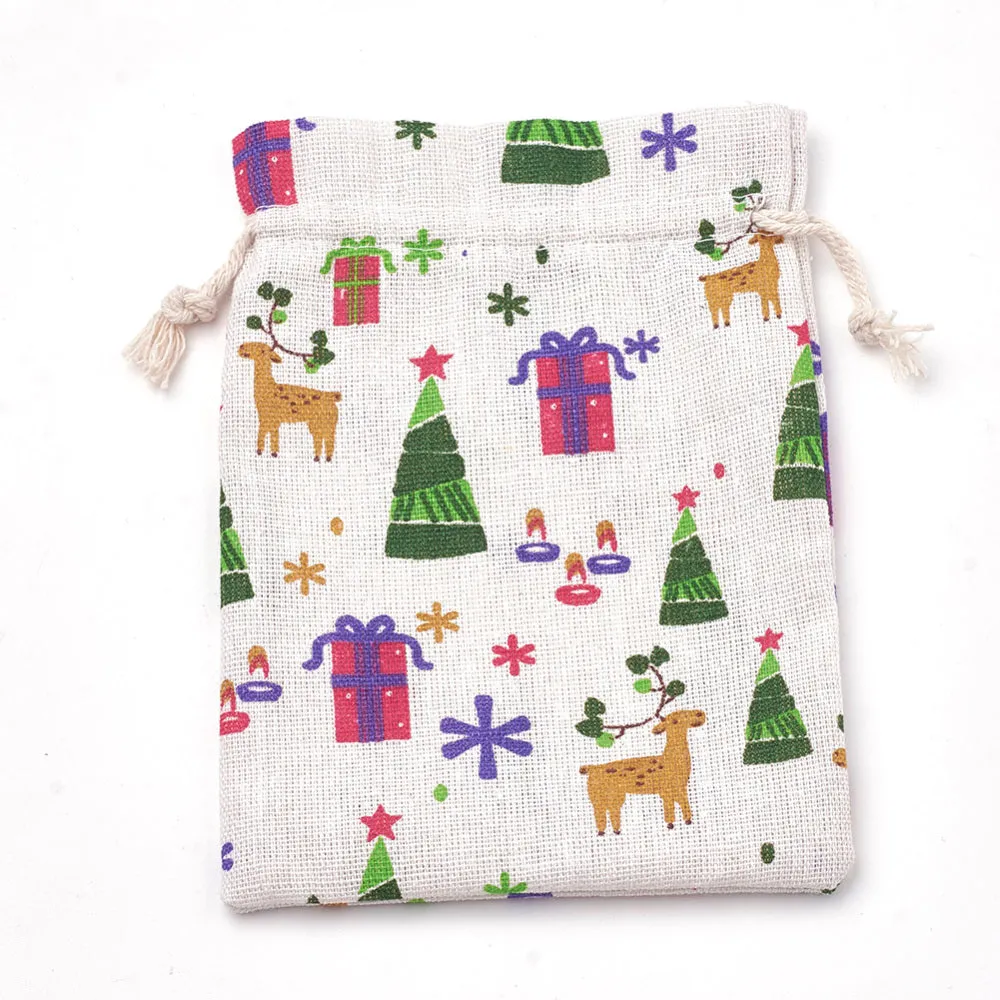 50 pc Polycotton(Polyester Cotton) Packing Pouches Drawstring Bags, with Printed Box and Christmas Tree, Colorful, 18x13cm