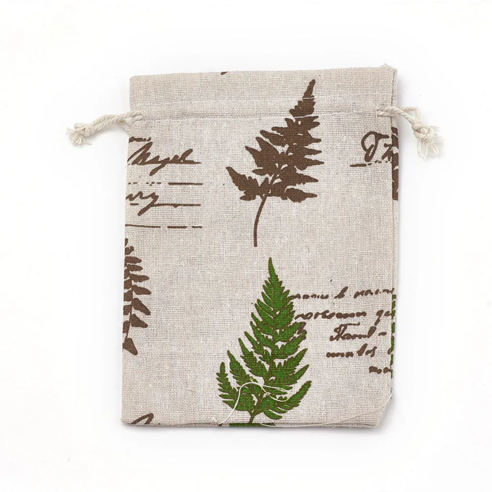 50 pc Polycotton(Polyester Cotton) Packing Pouches Drawstring Bags, with Printed Leaf and Word, Coconut Brown, 18x13cm