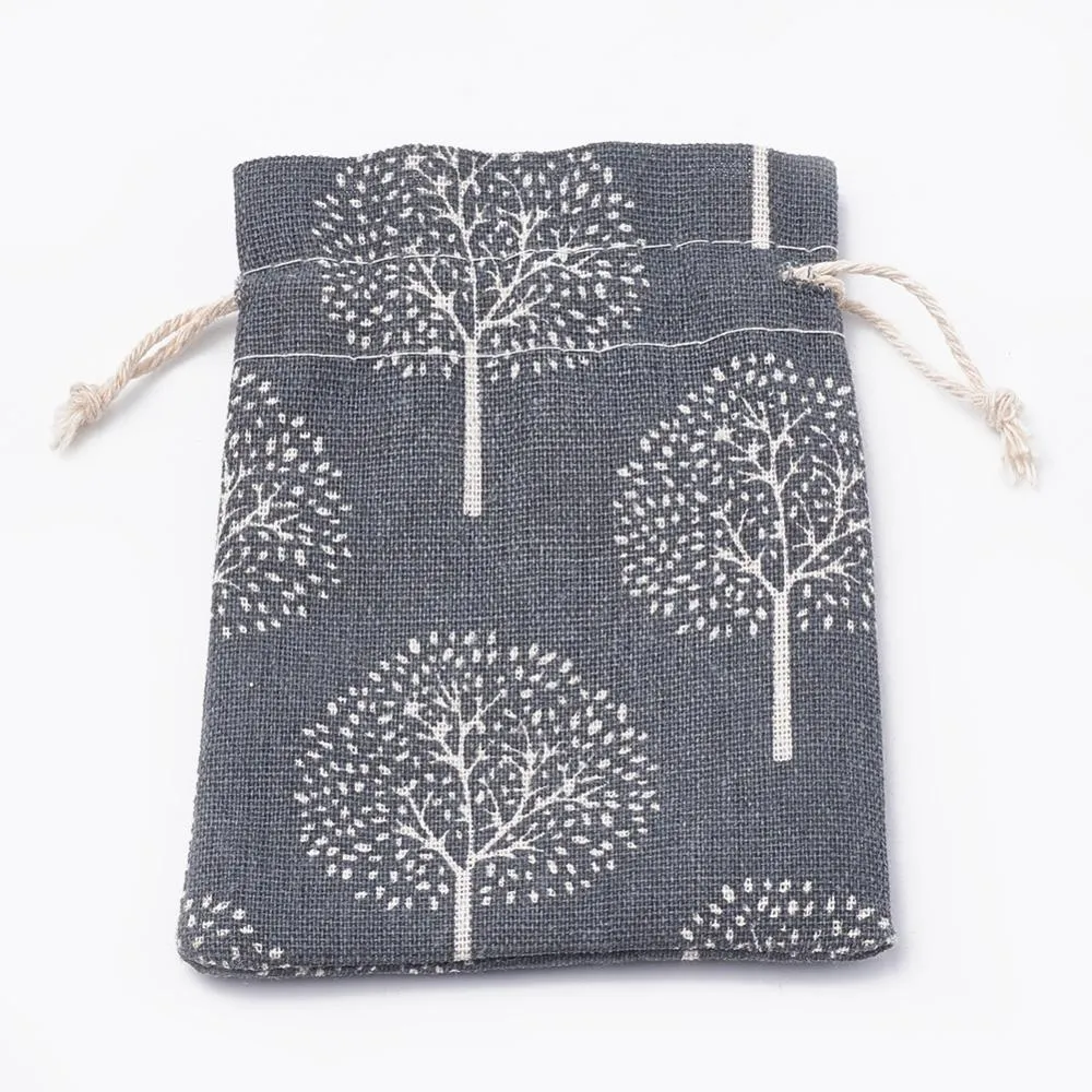 50 pc Polycotton(Polyester Cotton) Packing Pouches Drawstring Bags, with Printed Tree, Gray, 14x10cm