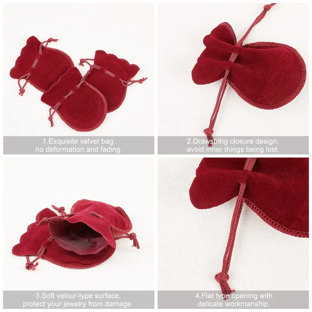 50 pc Velvet Bags, Calabash Shape Drawstring Jewelry Pouches, Dark Red, 9x7cm