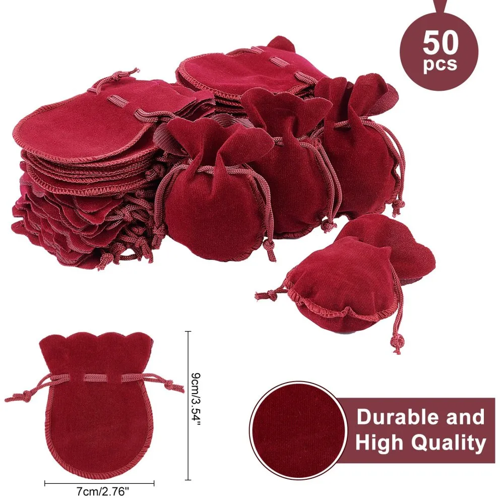 50 pc Velvet Bags, Calabash Shape Drawstring Jewelry Pouches, Dark Red, 9x7cm