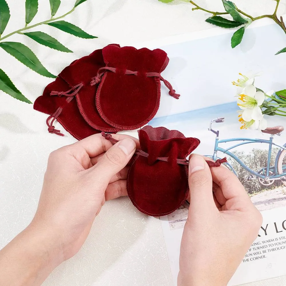 50 pc Velvet Bags, Calabash Shape Drawstring Jewelry Pouches, Dark Red, 9x7cm