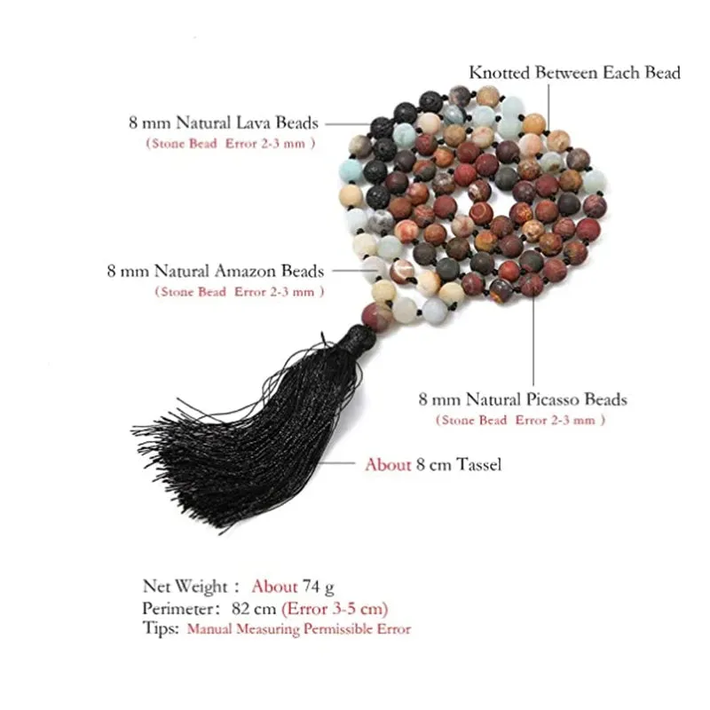 8MM Beads Chakra Long 108 Mala Necklace Natural Stone Meditation Statement Japa Yoga Buddhist Rosary