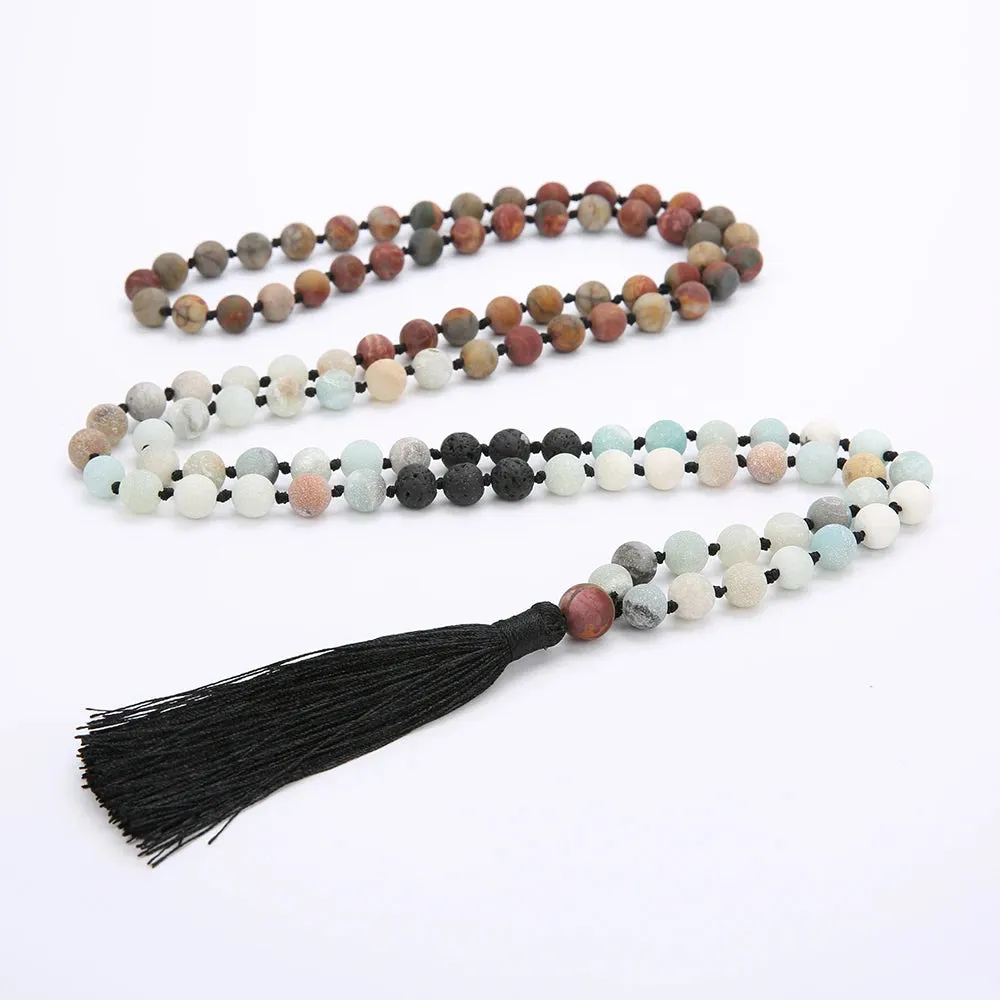 8MM Beads Chakra Long 108 Mala Necklace Natural Stone Meditation Statement Japa Yoga Buddhist Rosary