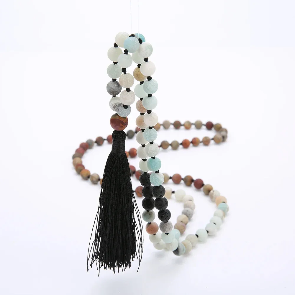 8MM Beads Chakra Long 108 Mala Necklace Natural Stone Meditation Statement Japa Yoga Buddhist Rosary
