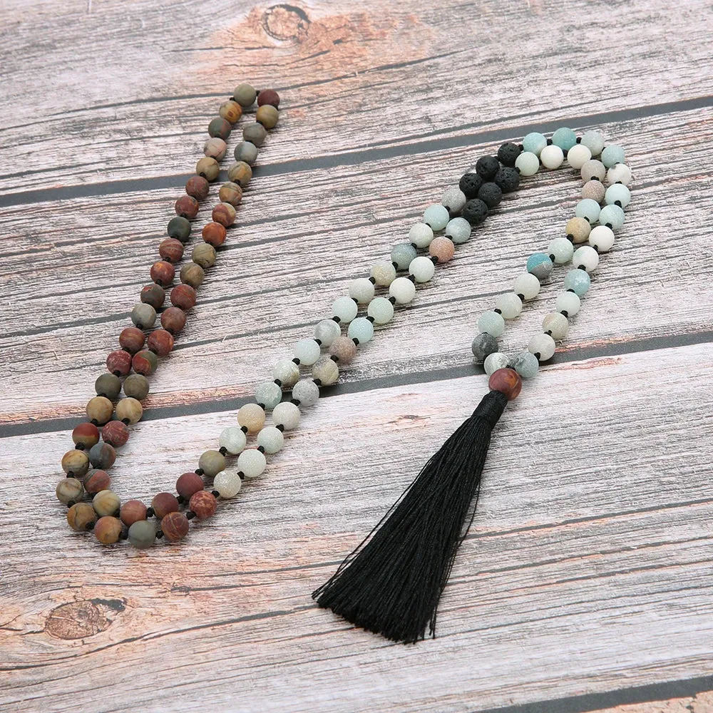 8MM Beads Chakra Long 108 Mala Necklace Natural Stone Meditation Statement Japa Yoga Buddhist Rosary
