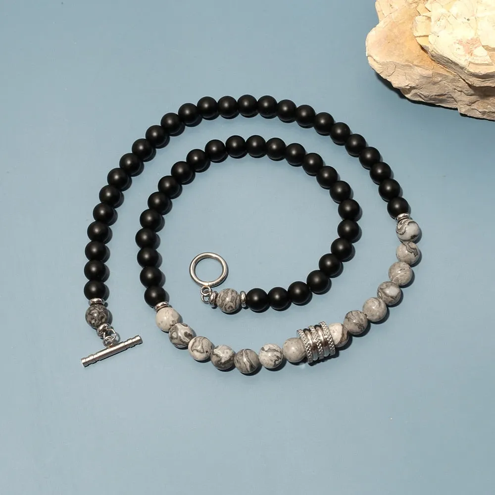 8mm Natural Stone Beads Short Necklace Stainless Steel Pandent Charm Choker Neck Chain